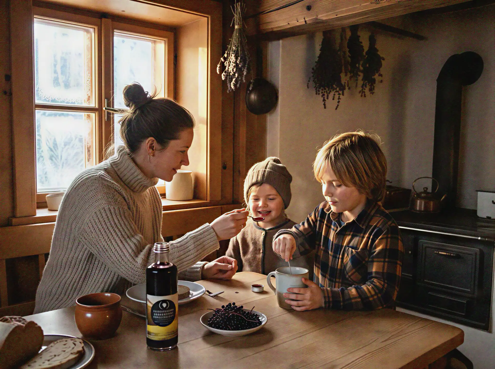 Kinder im Winter vor einem Bauernhaus
